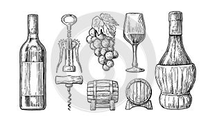 Wine set. Bottle, glass, corkscrew, barrel, bunch of grapes. Black vintage engraved vector illustration on white backgrou