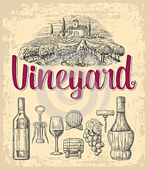 Wine set. Bottle, glass, corkscrew, barrel, bunch of grapes, vineyard. Black vintage engraved vector illustration isolated on whit