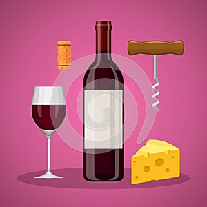 Wine set: bottle of wine, glass of wine, cheese, cork and corkscrew. Colored flat design icons.
