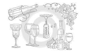 Wine Set, Hand Drawn Wine Objects, Bottle, Corkscrew, Glass, Grapes Vector Illustration