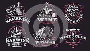 Wine set logo - vector illustrations, emblems on dark background