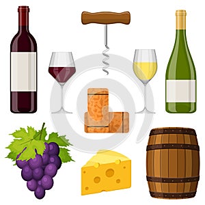Wine set vector design elements on white background. Wine bottle, wine glass, cheese, corkscrew, cork, grape and barrel