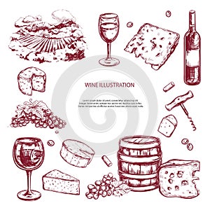 Wine set. Vector hand drawn elements including wine glass, bottle, grape, vineyard landscape, cheese, barrel with wine