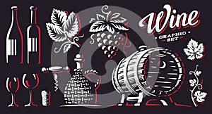 Wine set vector illustrations on dark background