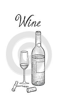 Wine set. Wine glass, bottle, corkscrew, wine stopper, lettering