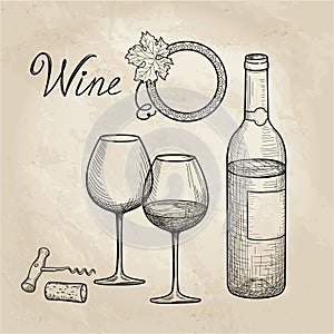 Wine set. Wine glass, bottle, grape branch, handwritten letterin