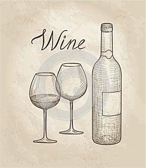Wine set. Wine glass, bottle, lettering. Vineyard retro background