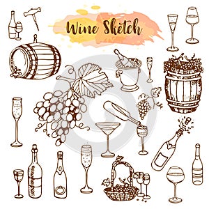 Wine set. Winemaking products in sketch style. Hand drawn alcoholic drinks set. Vector illustration of bottle, glass