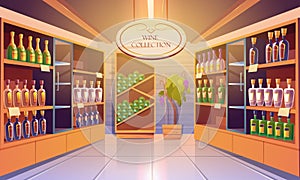 Wine shop, cellar interior with alcohol beverages