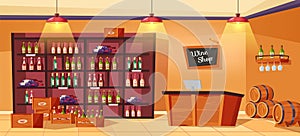 Wine shop interior. Restaurant bar table, shelves with alcohol bottles and winery barrels. Retail or pub vector