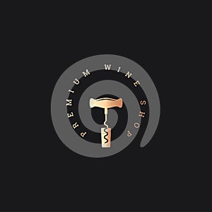 Wine shop logo. Wine cork corkscrew on black