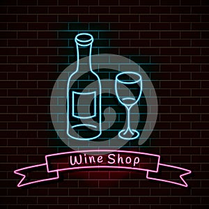 Wine shop. Neon blue sign. light banner on a brick wall. Vector Illustration.