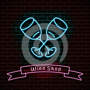 Wine shop. Neon blue sign. light banner on a brick wall. Vector Illustration.