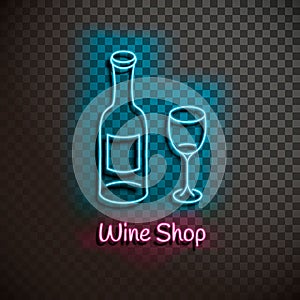 Wine shop. Neon blue sign. light banner on a transparent background. Vector Illustration.