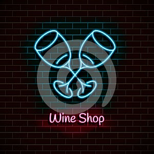 Wine shop. Neon blue sign. light banner. Vector Illustration.