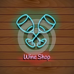 Wine shop. Neon blue sign. light banner on a wooden wall. Vector Illustration.