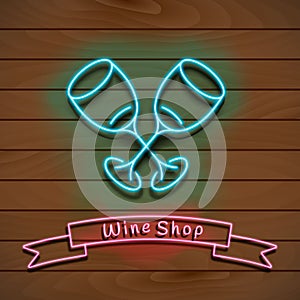 Wine shop. Neon blue sign. light banner on a wooden wall. Vector Illustration.