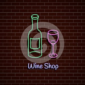 Wine shop. Neon green and pink sign. light banner. Vector Illustration.