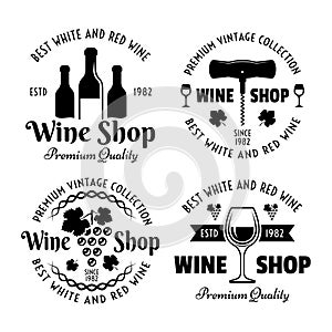 Wine shop set of four vector vintage emblems, labels, badges or logos isolated on white background