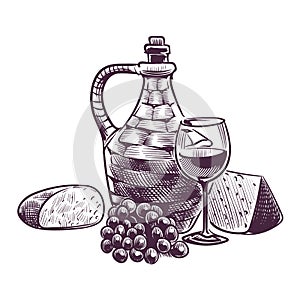 Wine sketch. Hand drawn winemaking composition, classical alcoholic drink. Bottle and glass with grape beverage, bread