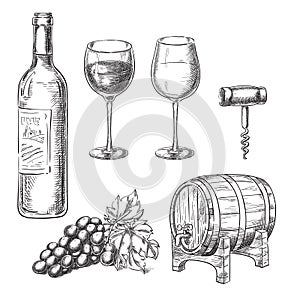 Wine sketch vector illustration. Bottle, glasses, grape vine, barrel, corkscrew, hand drawn isolated design elements. photo