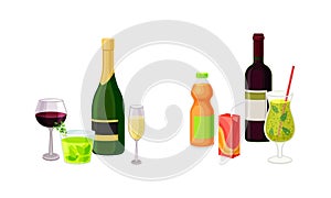 Wine and Sparkling Soda Water in Bottle and Cocktail Glass as Harmful Drink Vector Set