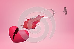 Wine spilled from glass with broken heart