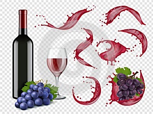 Wine splashes. Liquid red drops grapes bottles and glasses for alcoholic drinks vector realistic set