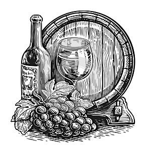 Wine still life. Bottle with glass and grapes on background of wooden barrel. Sketch clipart