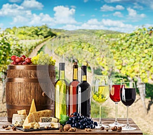 Wine still-life. Bottles of wine, glasses of wine and grapes on wooden table and blurred vineyard at the background