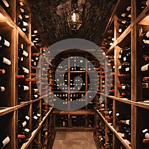 Wine storage cellar in a restaurant or house with bottles and corks illustration. Sommelier concept.