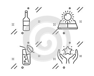 Wine, Sun energy and Water glass icons set. Ranking sign. Merlot bottle, Solar panels, Soda drink. Hold star. Vector