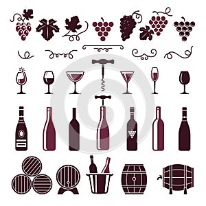 Wine symbols. Grape leaves vine tendrils bottles barrels corkscrew vector stylized pictures for labels or logo design