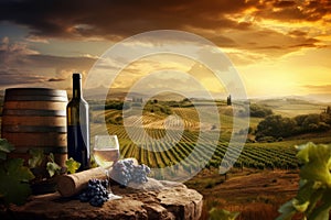 Wine table vineyard sunset. Generate Ai