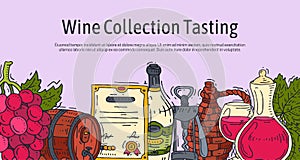 Wine taste club banner vector illustrations glass wine grape bottle. Tasting events menu. Vector alcohol drink