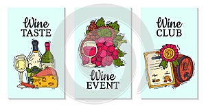 Wine taste club cards vector illustrations glass wine grape bottle. Tasting events menu. Vector alcohol drink background