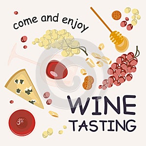 Wine tasting banner template with cheese and snack