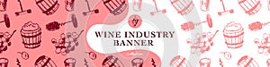 Wine tasting banner. Vector pattern with winemaking illustration set.