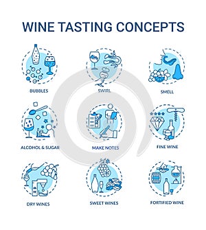 Wine tasting concept icons set. Drink quality evaluation, alcoholic beverage degustation, winetasting idea thin line RGB