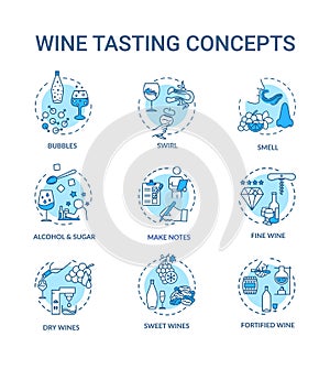 Wine tasting concept icons set. Drink quality evaluation, alcoholic beverage degustation, winetasting idea thin line RGB photo