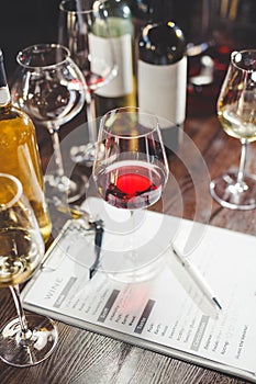 Wine tasting, evaluation accessories on countertop.