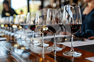 Wine tasting event with diverse selection on wooden table