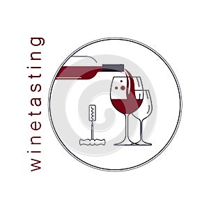 Wine tasting icon. Illustration with wine glasses, bottle and corkscrew. Label, sign, logo with red grape drink.
