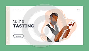 Wine Tasting Landing Page Template. Sommelier or Steward Holding Wineglass with Luxury Beverage. Specialist Taster