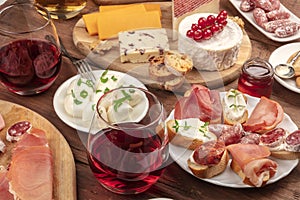 Wine tasting and pairing. A wineglass with sandwiches and a cheese platter