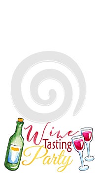 Wine tasting party snapchat geofilter. Watercolor winebottle and glass decor for smartphone screen. photo