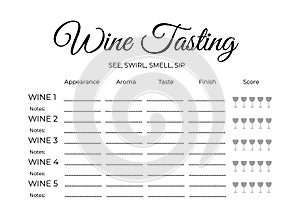 Wine tasting score card. Stationary for wine themed party, winery, restaurant, etc. Easy to edit vector template