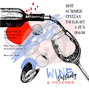 Wine tasting and seafood party poster. Vector hand drawn wine bottle, glass and mussels. Italian sea fingerfood banner