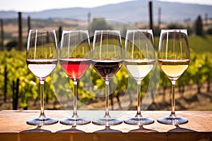 wine tasting set on a table in a vineyard