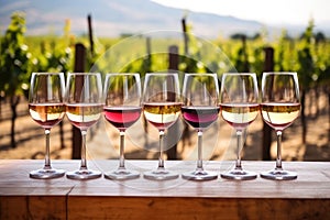 wine tasting set on a table in a vineyard